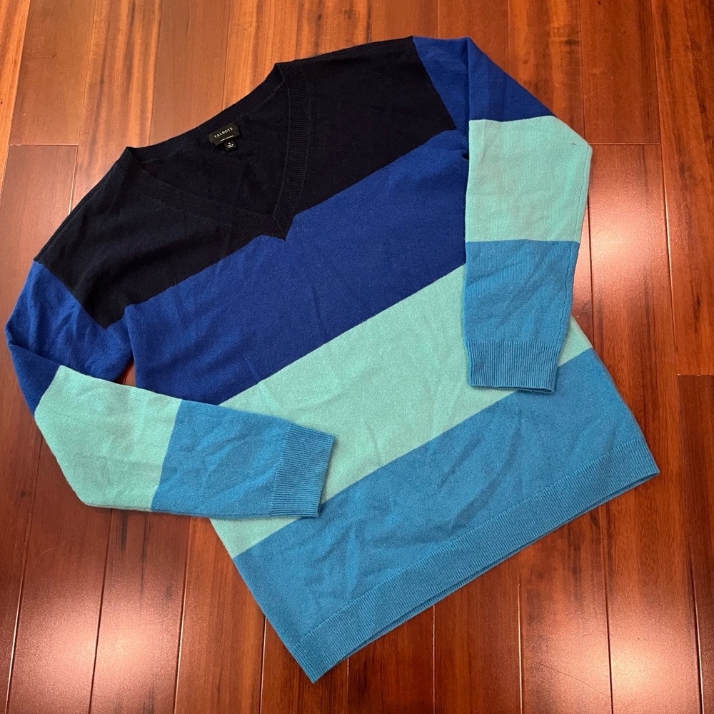 Talbots Cashmere Sweater Blue Color Block Long Sleeve V-Neck Classic Size Medium